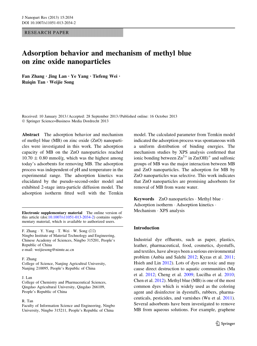 Pdf Adsorption Behavior And Mechanism Of Methyl Blue On Zinc Oxide Nanoparticles