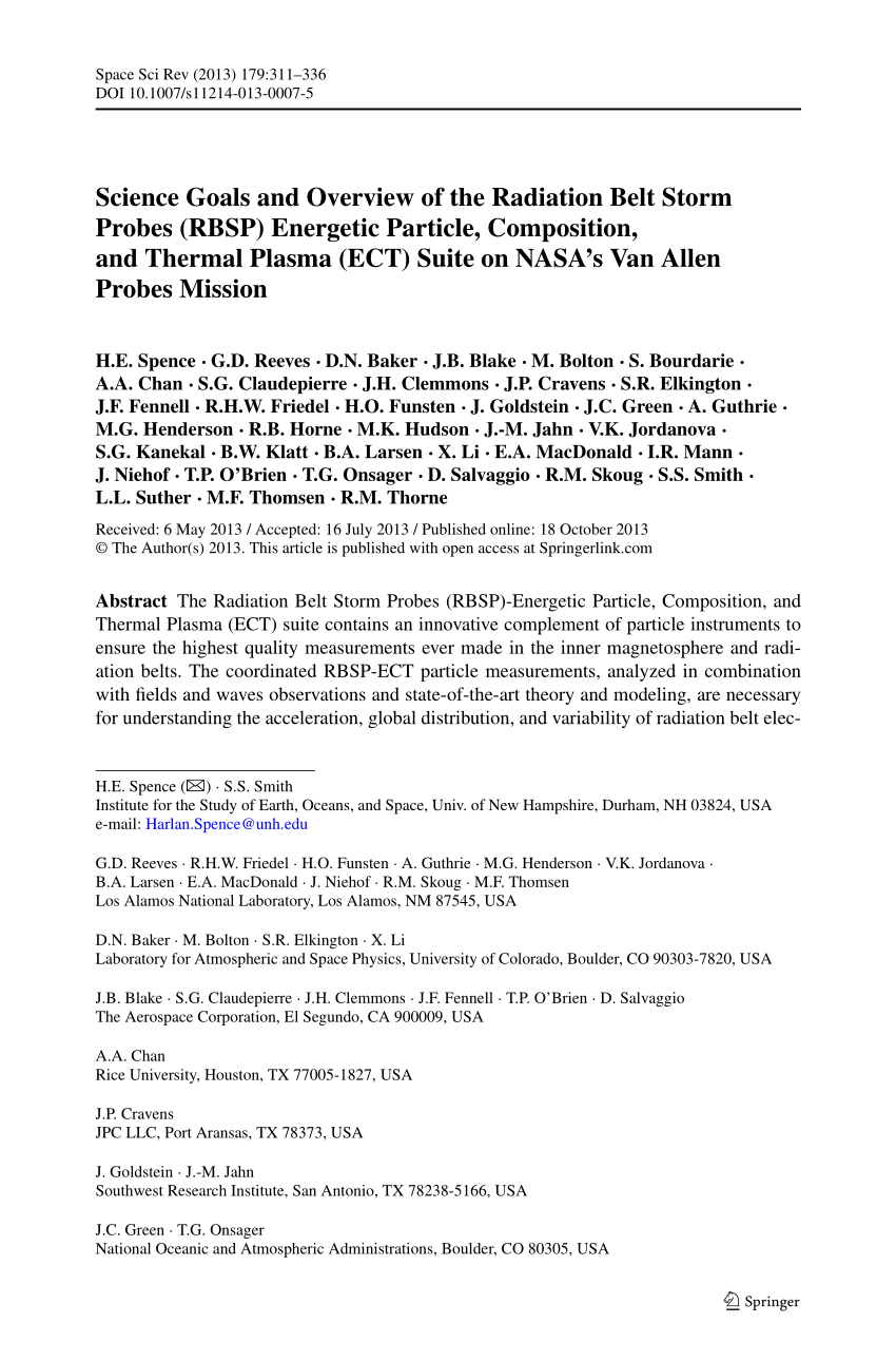 Pdf Science Goals And Overview Of The Radiation Belt Storm Probes Rbsp Energetic Particle Composition And Thermal Plasma Ect Suite On Nasa S Van Allen Probes Mission