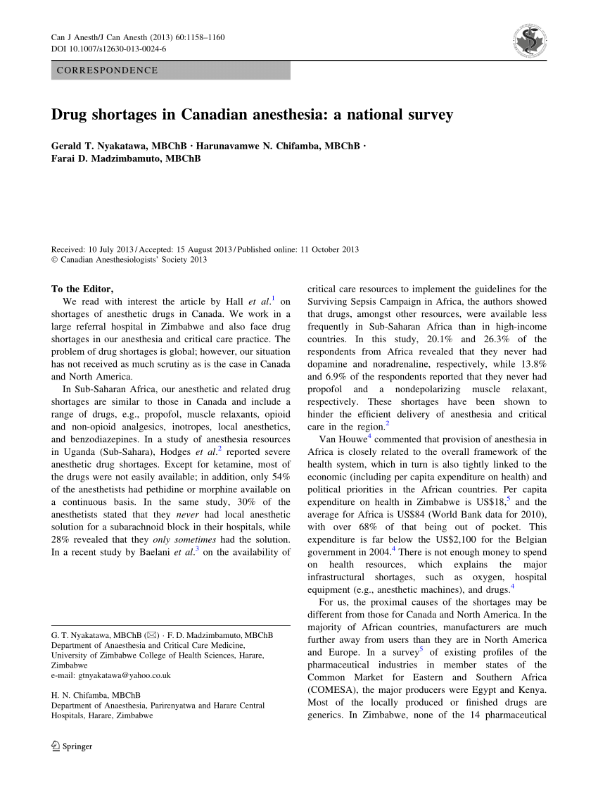 Pdf Drug Shortages In Canadian Anesthesia A National Survey