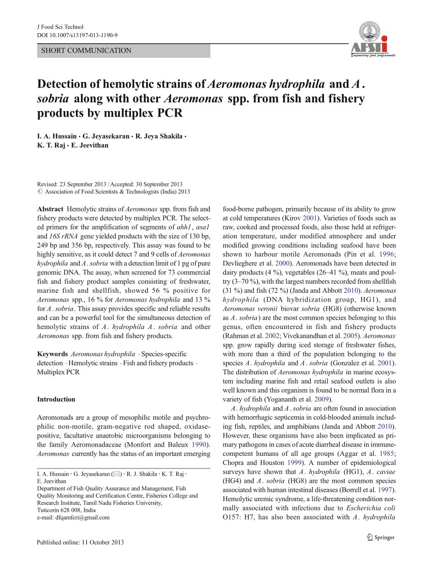 (PDF) Detection of hemolytic strains of Aeromonas hydrophila and A