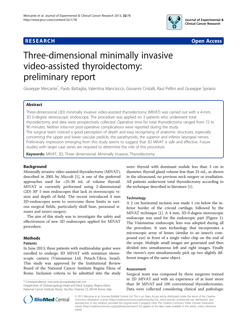 Pdf Three Dimensional Minimally Invasive Video Assisted Thyroidectomy Preliminary Report