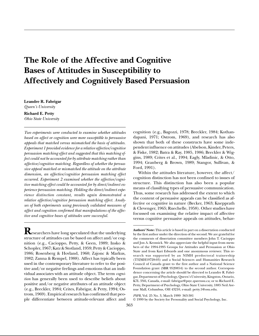 Pdf) The Role Of The Affective And Cognitive Bases Of Attitudes In  Susceptibility To Affectively And Cognitively Based Persuasion