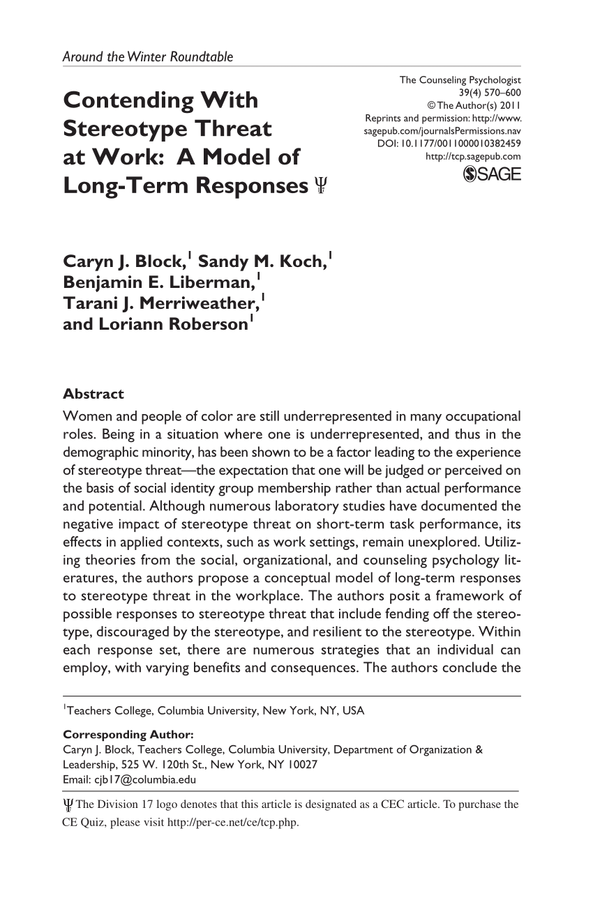 Pdf Contending With Stereotype Threat At Work A Model Of Long Term Responses 1ps7