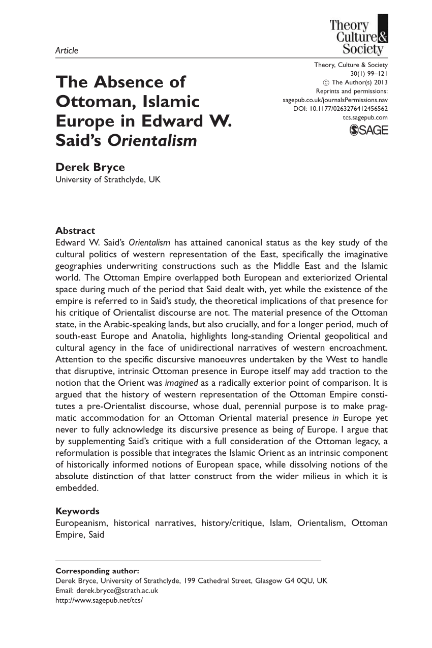 Pdf The Absence Of Ottoman Islamic Europe In Edward W Saids Orientalism