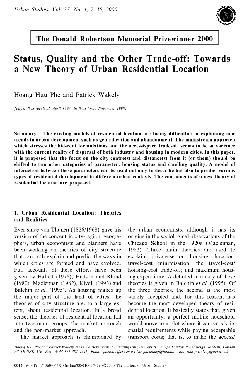 Pdf Status Quality And The Other Trade Off Towards A New Theory Of Urban Residential Location