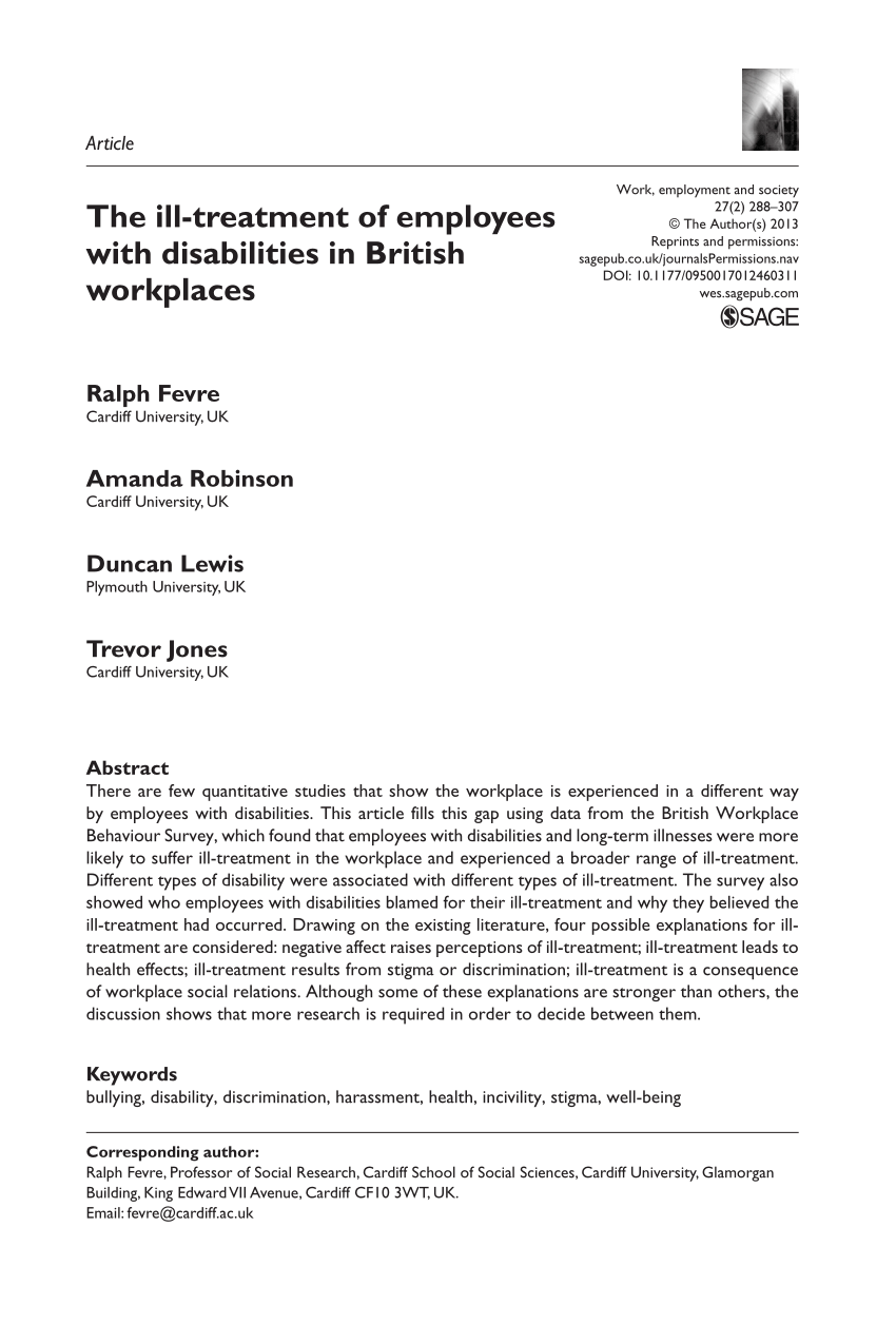 Pdf The Ill Treatment Of Employees With Disabilities In British