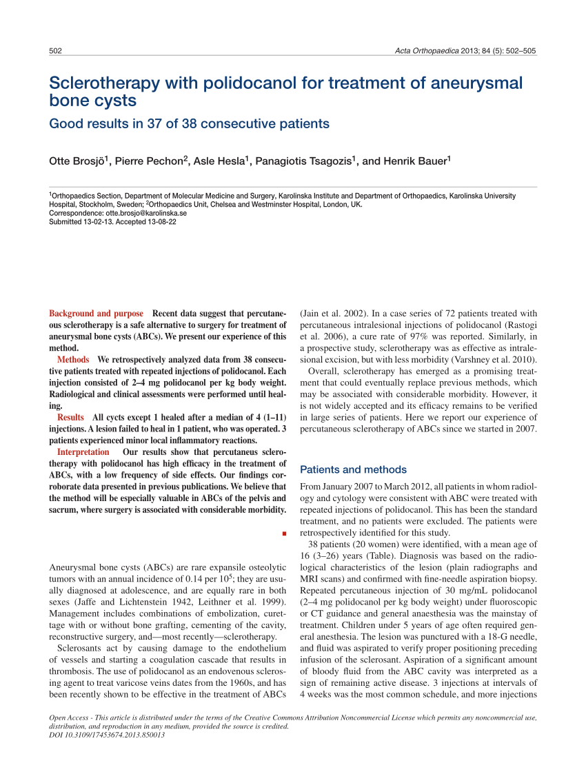 Pdf Sclerotherapy With Polidocanol For Treatment Of Aneurysmal Bone Cysts 2331