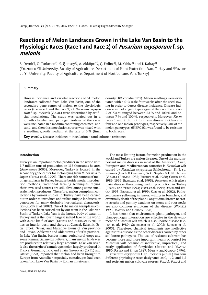 Pdf Reactions Of Melon Landraces Grown In The Lake Van Basin To The Physiologic Races Race 1 And Race 2 Of Fusarium Oxysporum F Sp Melonis