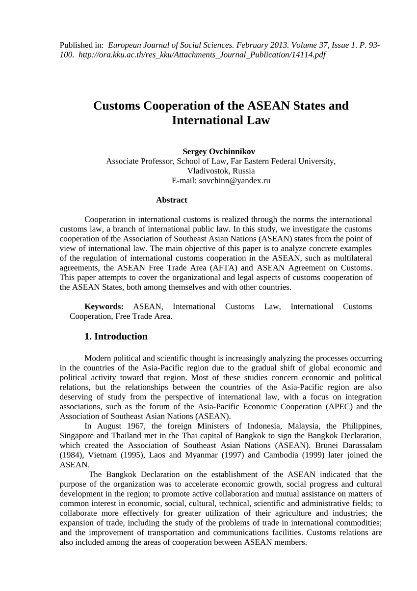 Pdf Customs Cooperation Of The Asean States And International Law