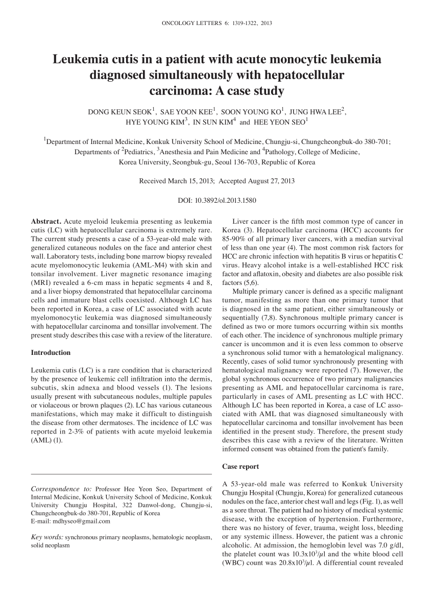 Pdf Leukemia Cutis In A Patient With Acute Monocytic Leukemia Diagnosed Simultaneously With 