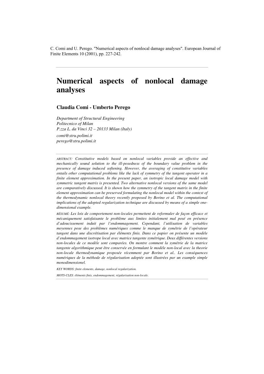 Pdf Numerical Aspects Of Nonlocal Damage Analyses