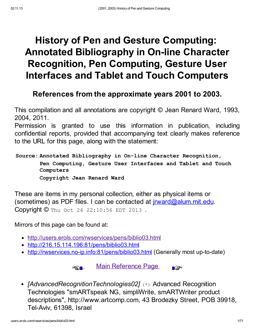 PDF) History of Pen and Gesture Computing Annotated Bibliography in On-line Character Recognition, Pen Computing, Gesture User Interfaces and Tablet and Touch Computers