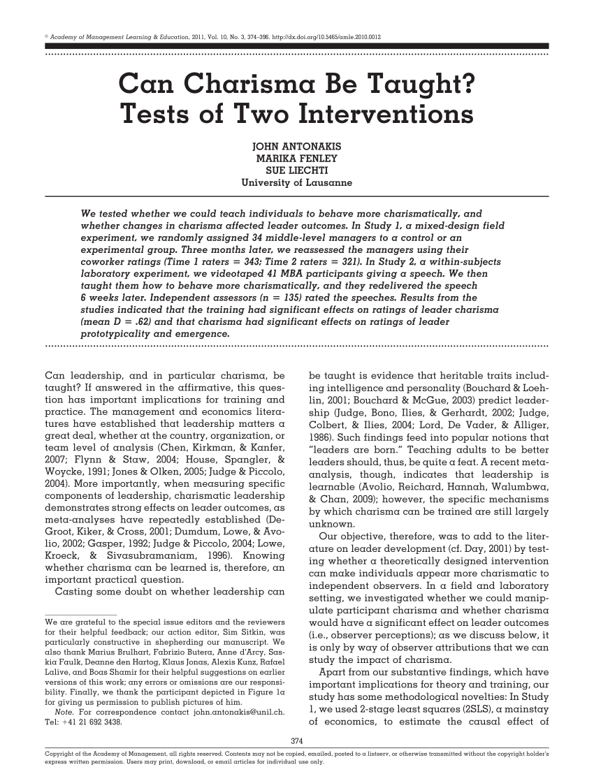 PDF Can Charisma Be Taught Tests of Two Interventions