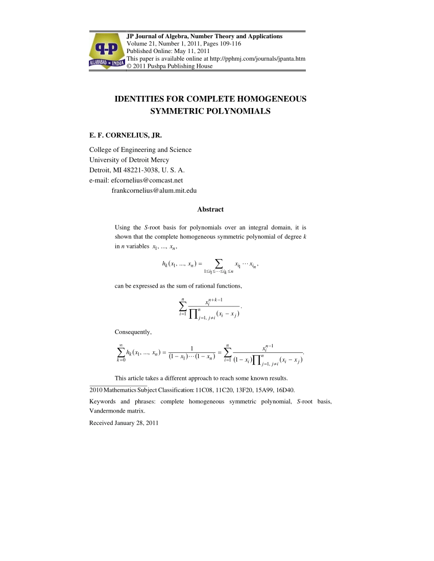 PDF) Identities for Complete Homogeneous Symmetric Polynomials