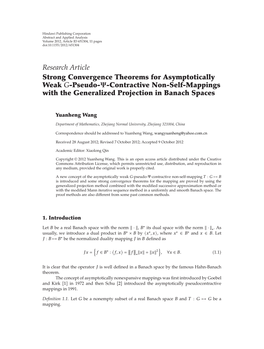 Pdf Strong Convergence Theorems For Asymptotically Weak G Pseudo Ps Contractive Non Self Mappings With The Generalized Projection In Banach Spaces