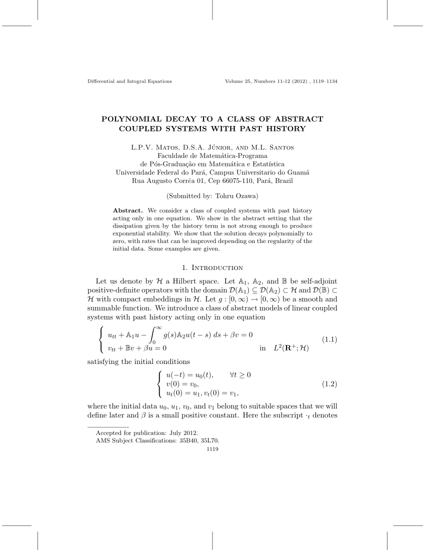 Pdf Polynomial Decay To A Class Of Abstract Coupled Systems With Past History