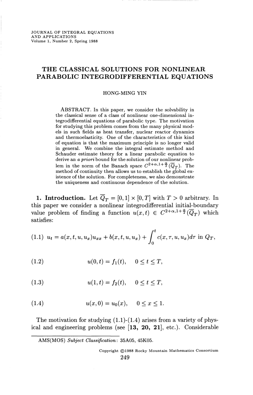 Pdf The Classical Solutions For Nonlinear Parabolic Integro Differential Equations