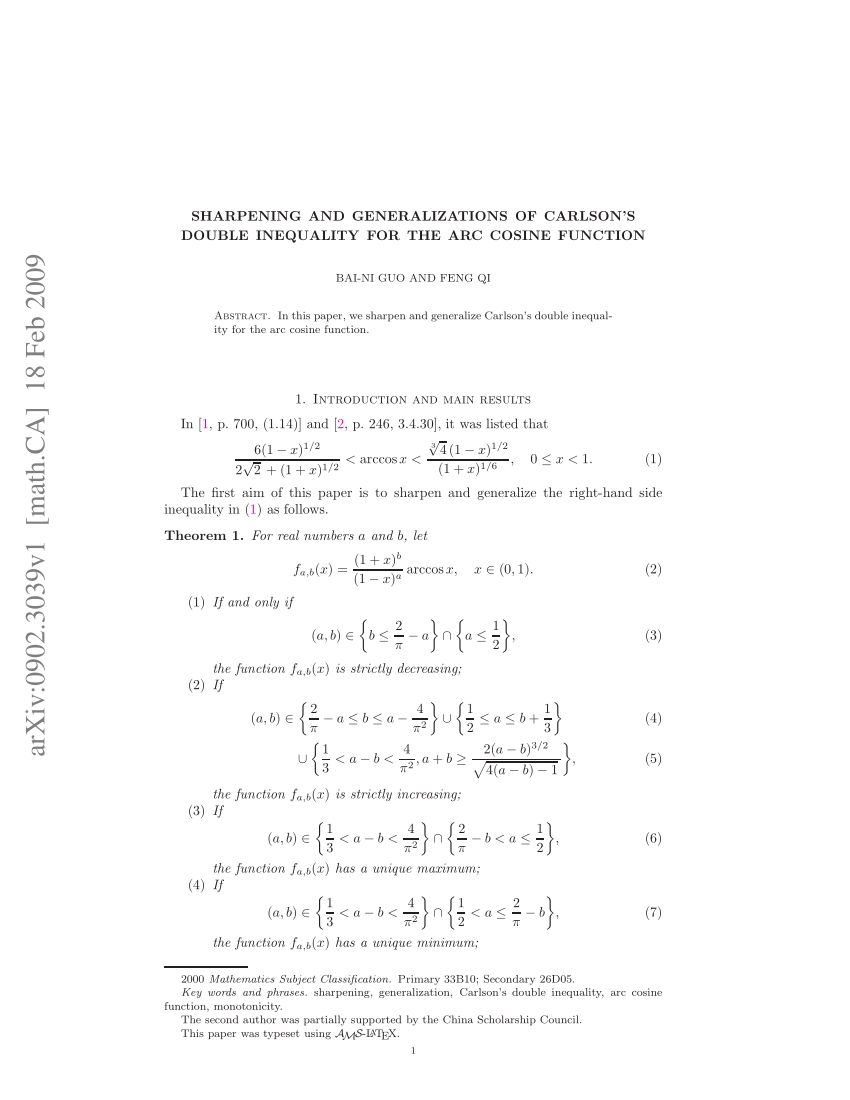 Pdf Sharpening And Generalizations Of Carlson S Double Inequality For The Arc Cosine Function