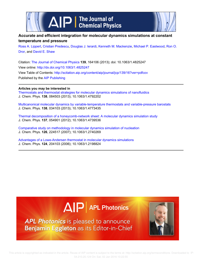 Pdf Accurate And Efficient Integration For Molecular Dynamics Simulations At Constant Temperature And Pressure