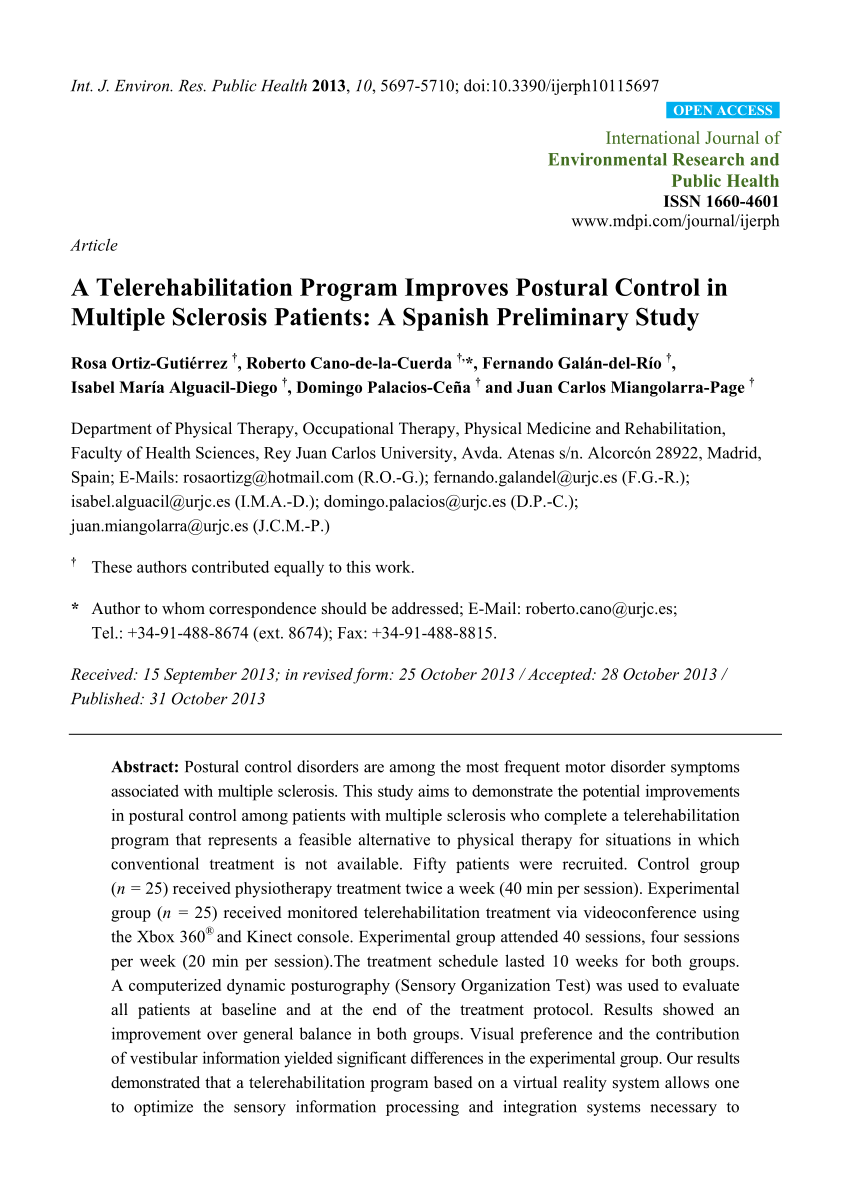 Pdf A Telerehabilitation Program Improves Postural Control In Multiple Sclerosis Patients A Spanish Preliminary Study