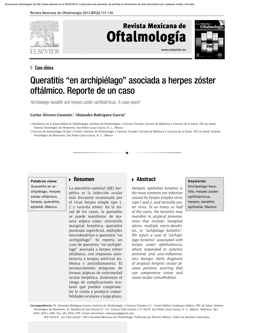 Pdf Queratitis En Archipielago Asociada A Herpes Zoster Oftalmico