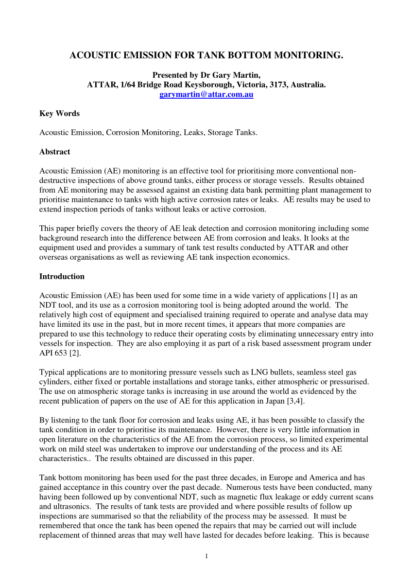 Pdf Acoustic Emission For Tank Bottom Monitoring - 