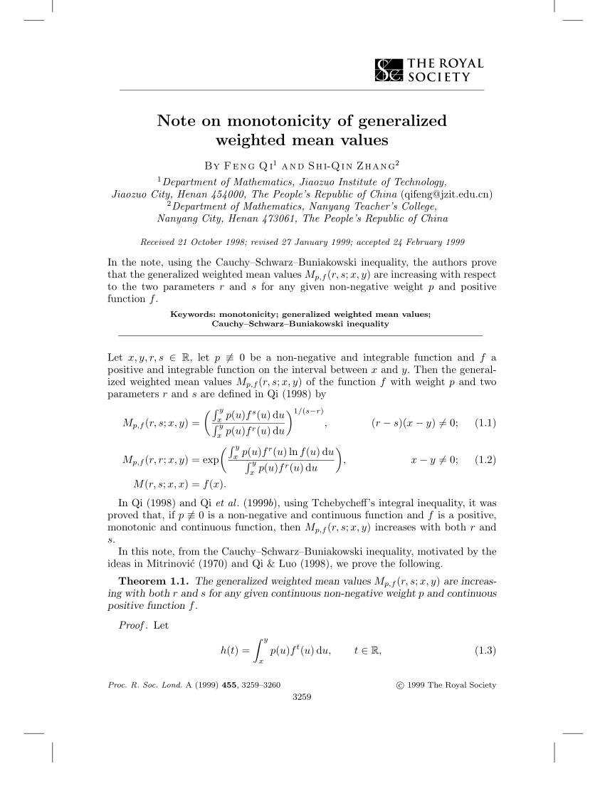 Pdf Note On Monotonicity Of Generalized Weighted Mean Values