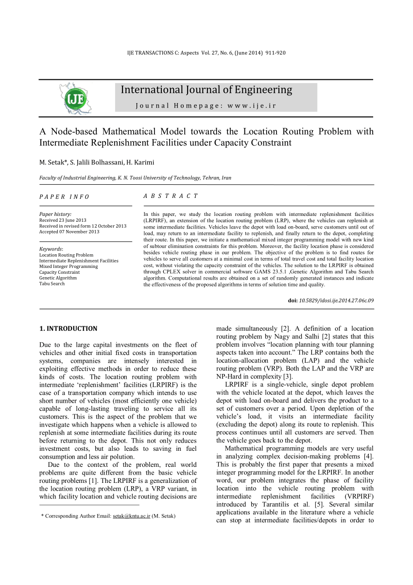 Pdf A Node Based Mathematical Model Towards The Location Routing Problem With Intermediate Replenishment Facilities Under Capacity Constraint