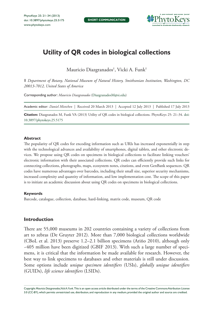 Pdf Utility Of Qr Codes In Biological Collections