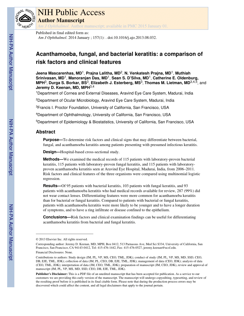 Pdf Acanthamoeba Fungal And Bacterial Keratitis A Comparison Of Risk Factors And Clinical 