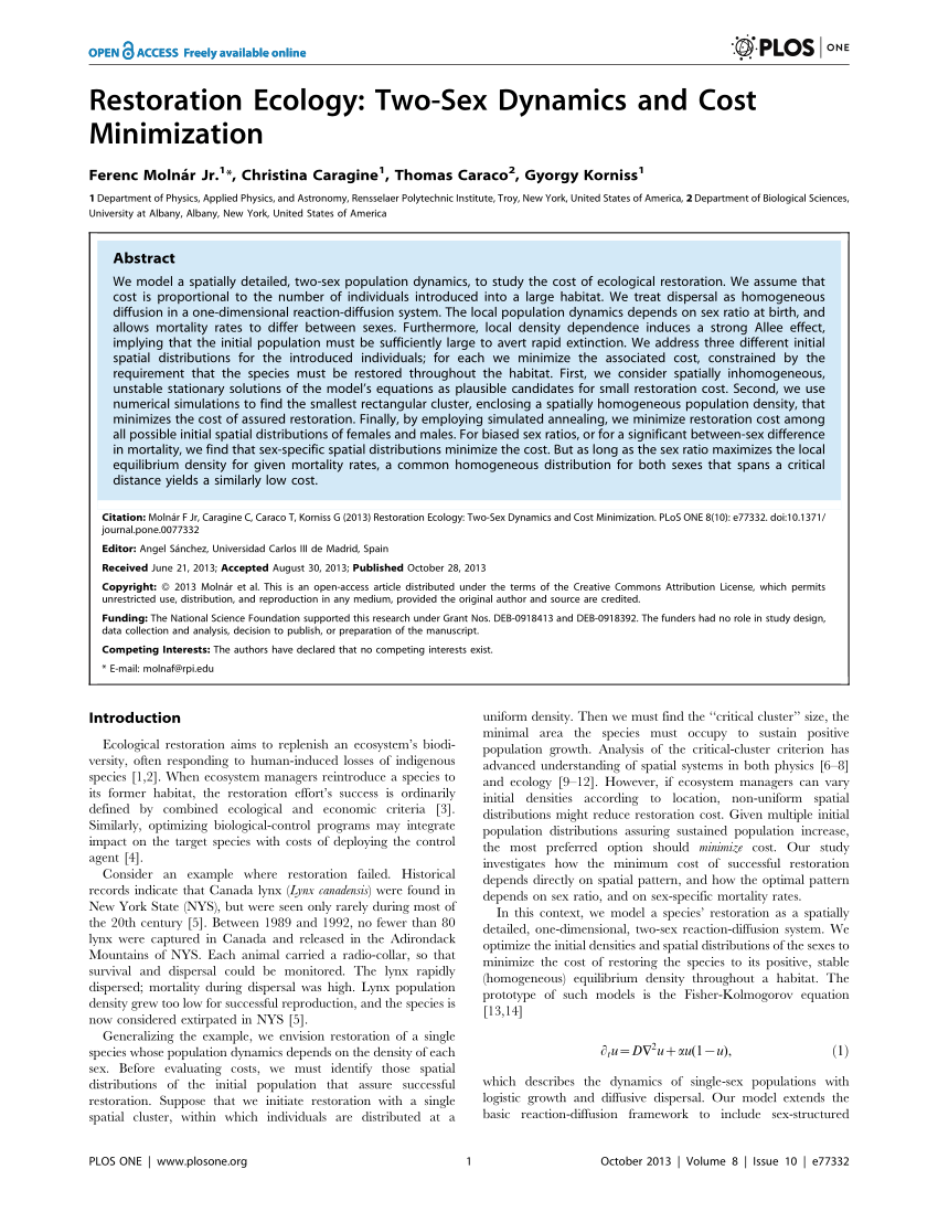 Pdf Restoration Ecology Two Sex Dynamics And Cost Minimization