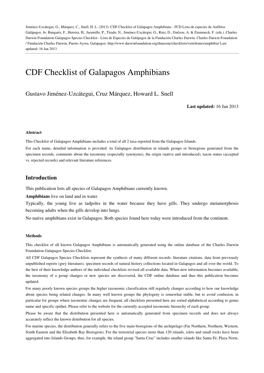 (PDF) CDF Checklist of Galapagos Amphibians