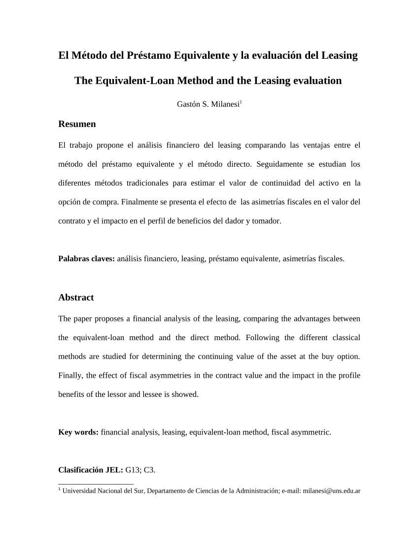 Pdf El Metodo Del Prestamo Equivalente Y La Evaluacion Del Leasing