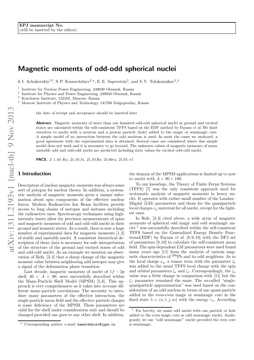 (PDF) Magnetic moments of odd-odd spherical nuclei