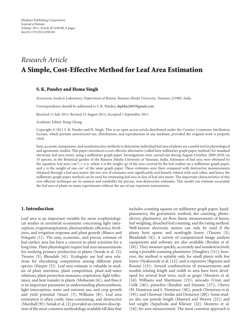 Pdf A Simple Cost Effective Method For Leaf Area Estimation