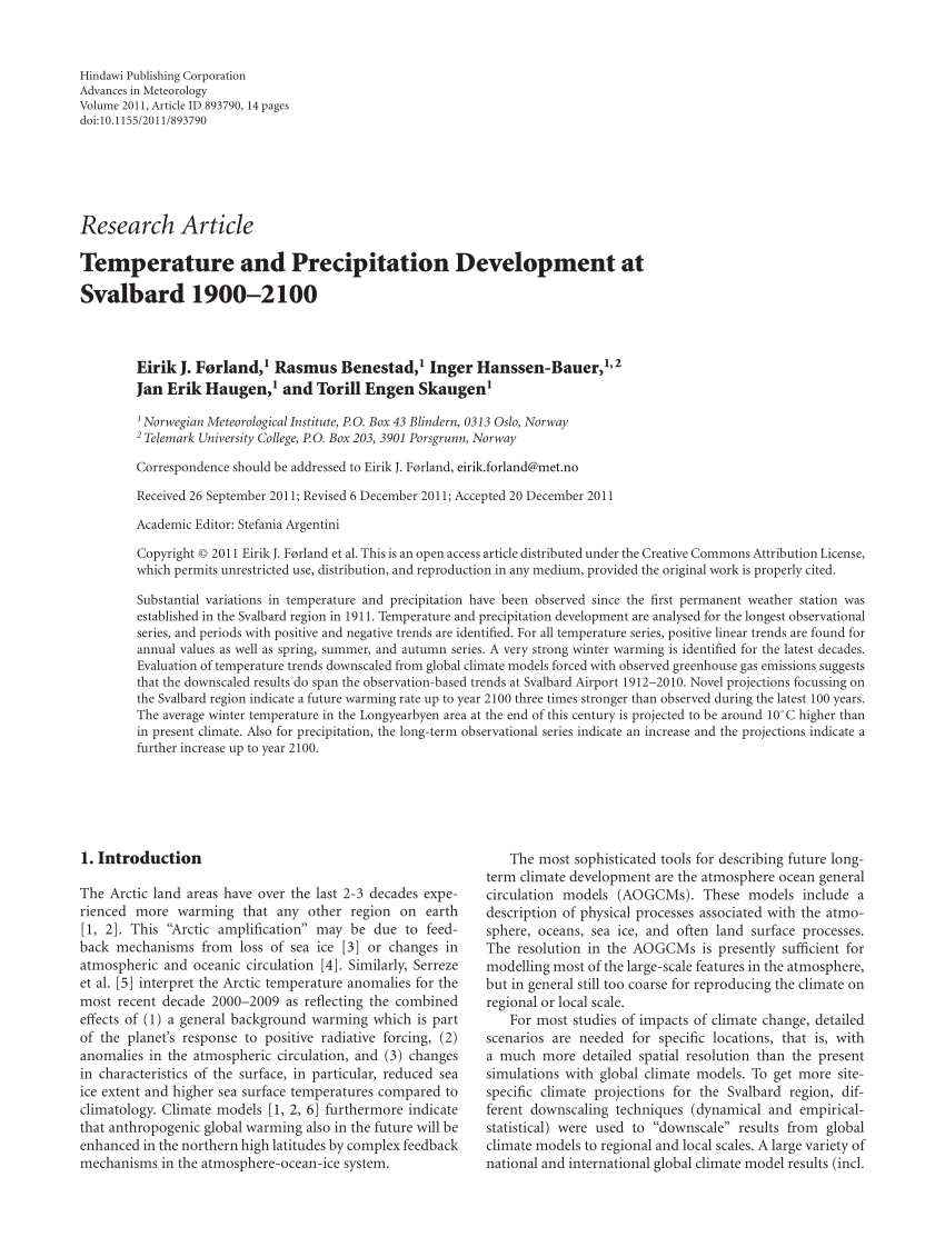 PDF) Temperature and Precipitation Development at Svalbard 1900–2100