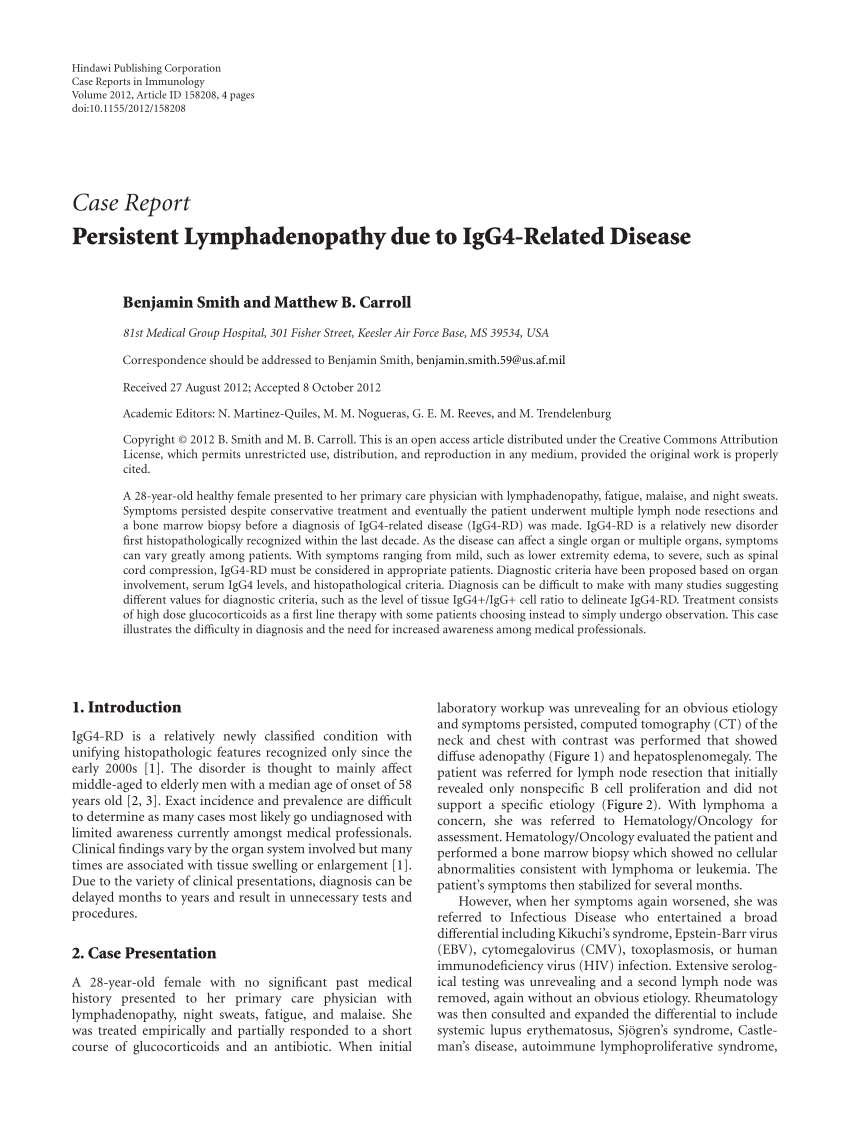 Pdf Persistent Lymphadenopathy Due To Igg4 Related Disease