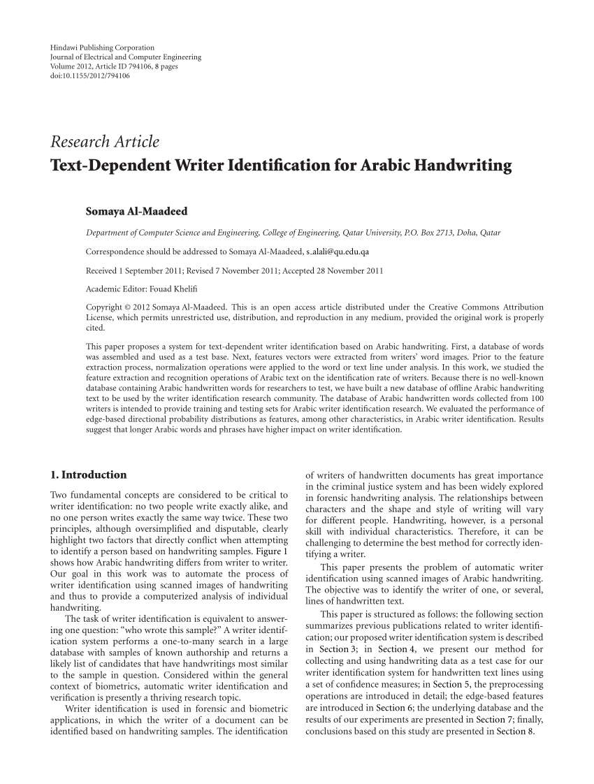 PDF) Text-Dependent Writer Identification for Arabic Handwriting
