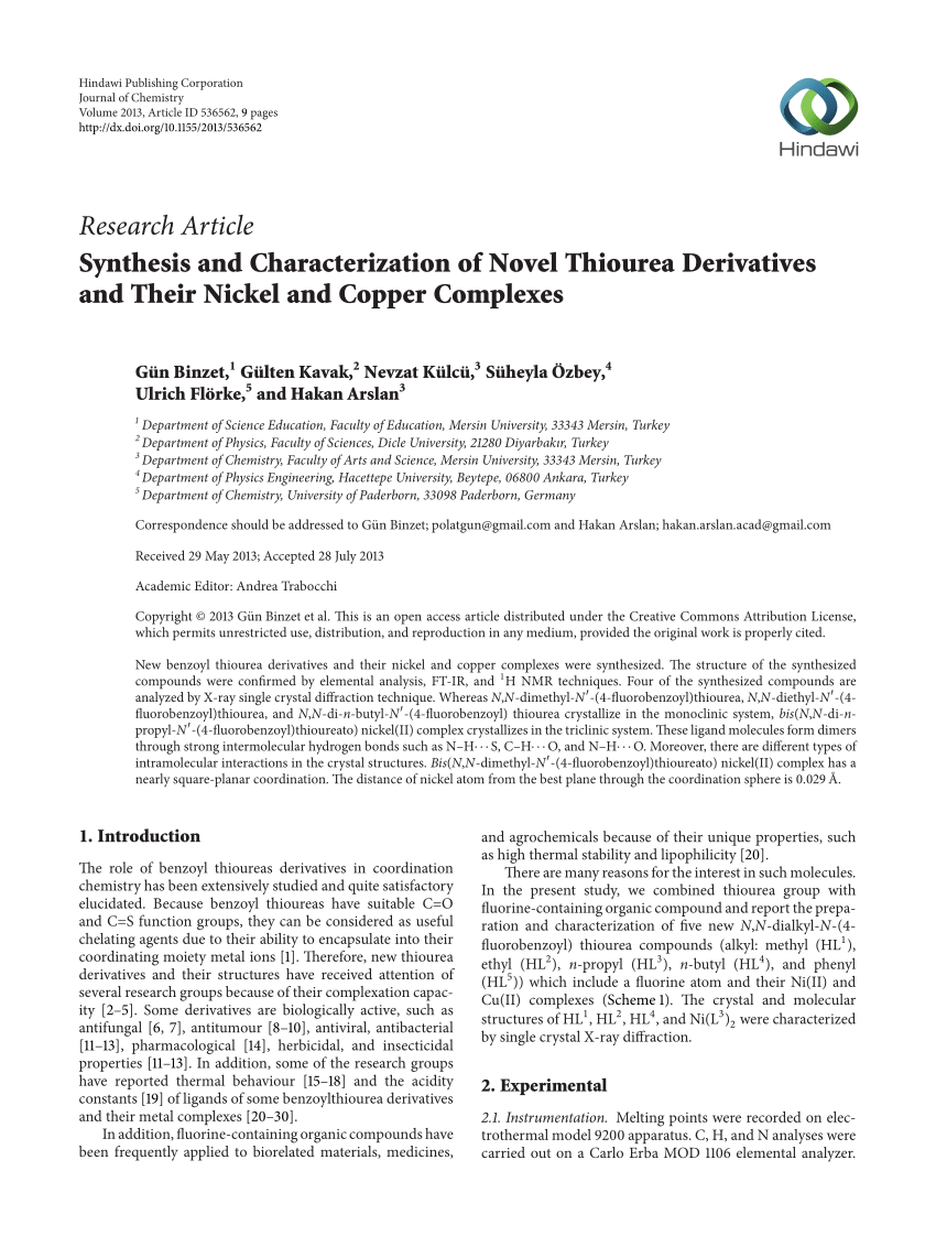 Pdf Synthesis And Characterization Of Novel Thiourea Derivatives And Their Nickel And Copper Complexes