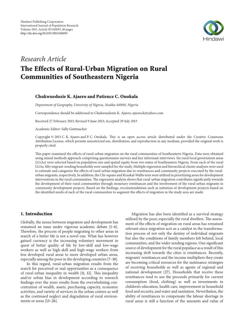 Pdf The Effects Of Rural Urban Migration On Rural Communities Of Southeastern Nigeria