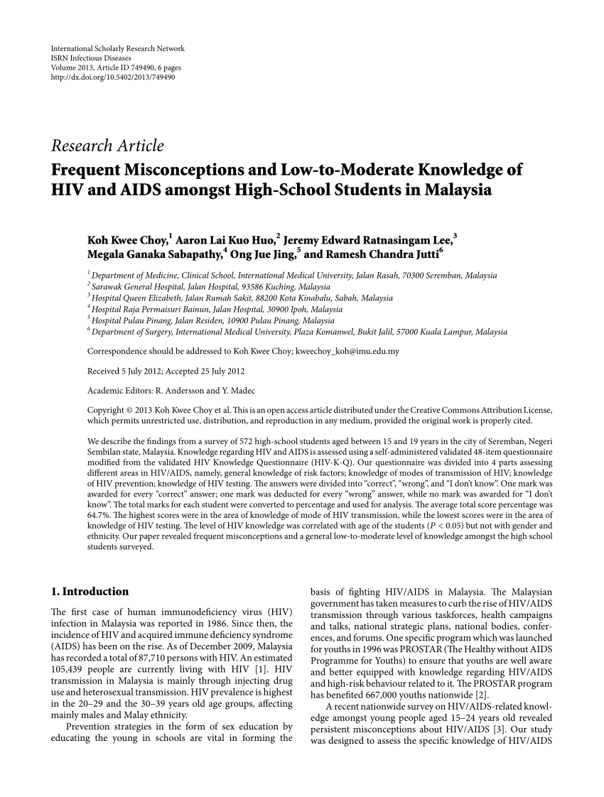 PDF) Frequent Misconceptions and Low-to-Moderate Knowledge of HIV and AIDS  amongst High-School Students in Malaysia