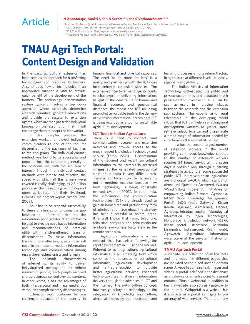 PDF) TNAU Agri Tech Portal: Content Design and Validation