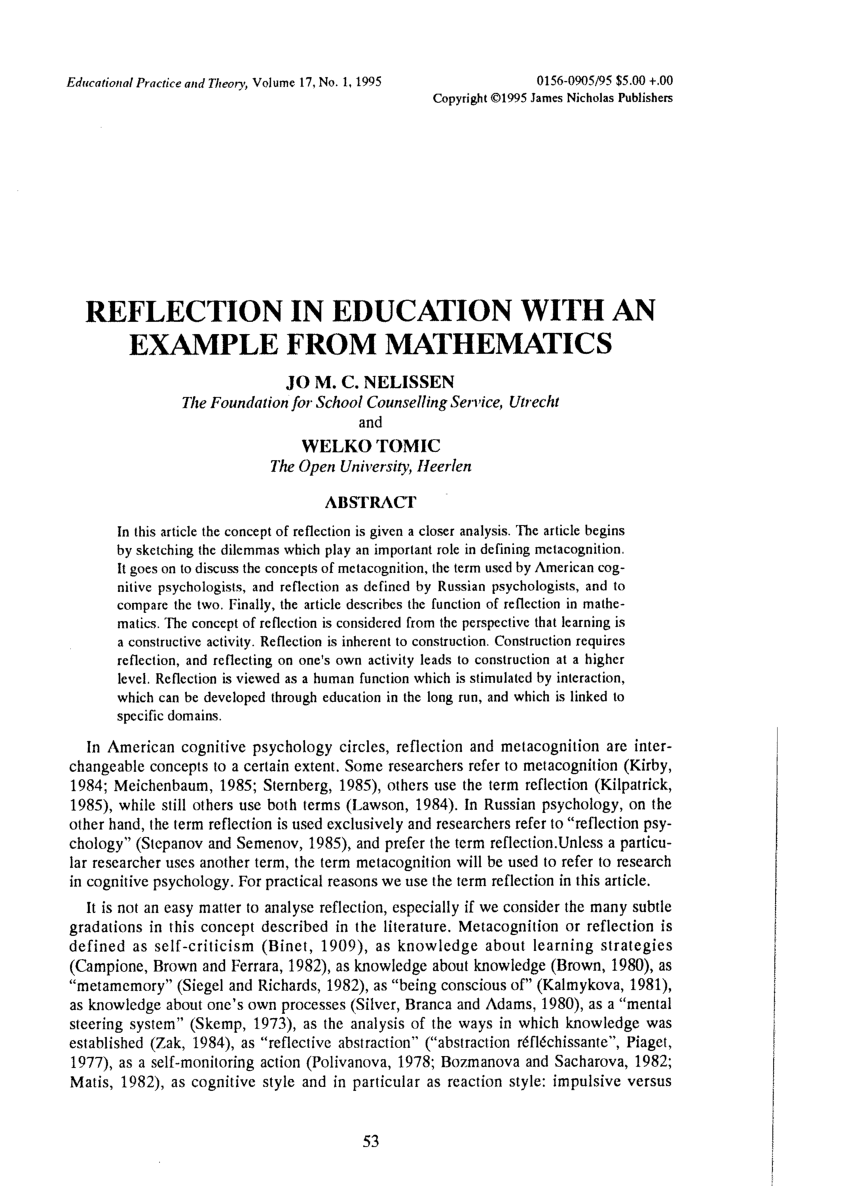 student reflection in mathematics essay
