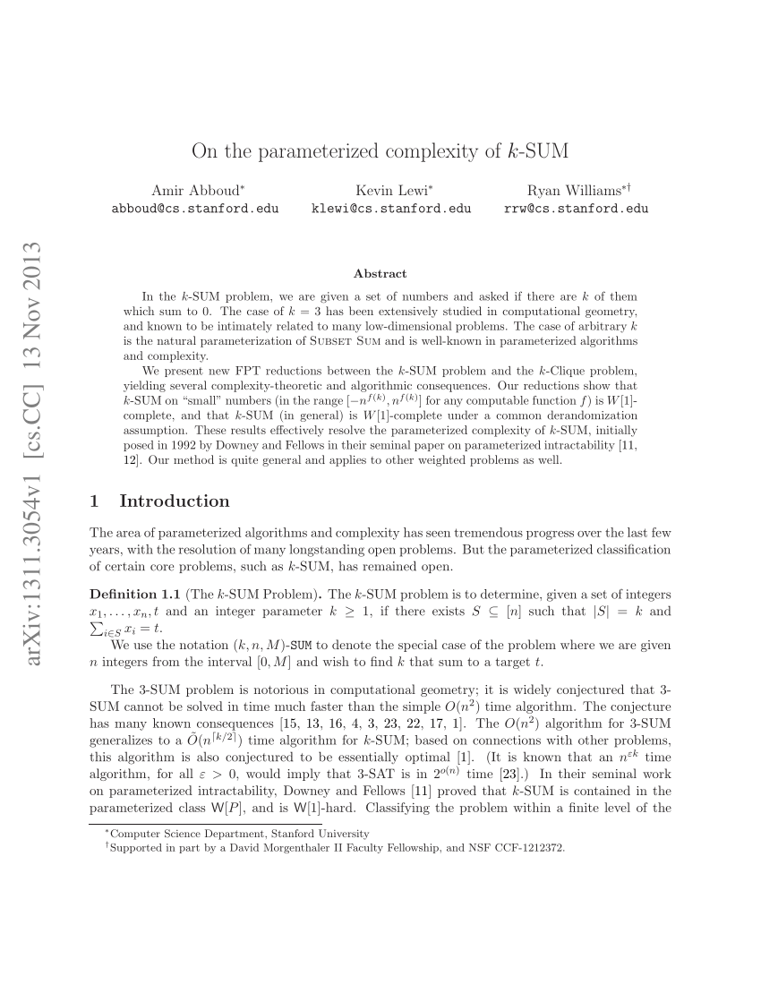Pdf On The Parameterized Complexity Of K Sum