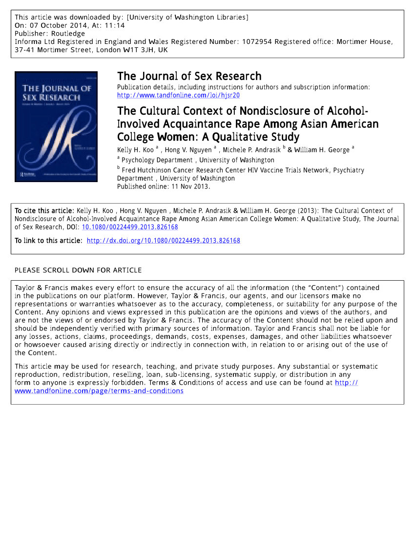 PDF) The Cultural Context of Nondisclosure of Alcohol-Involved Acquaintance  Rape Among Asian American College Women: A Qualitative Study