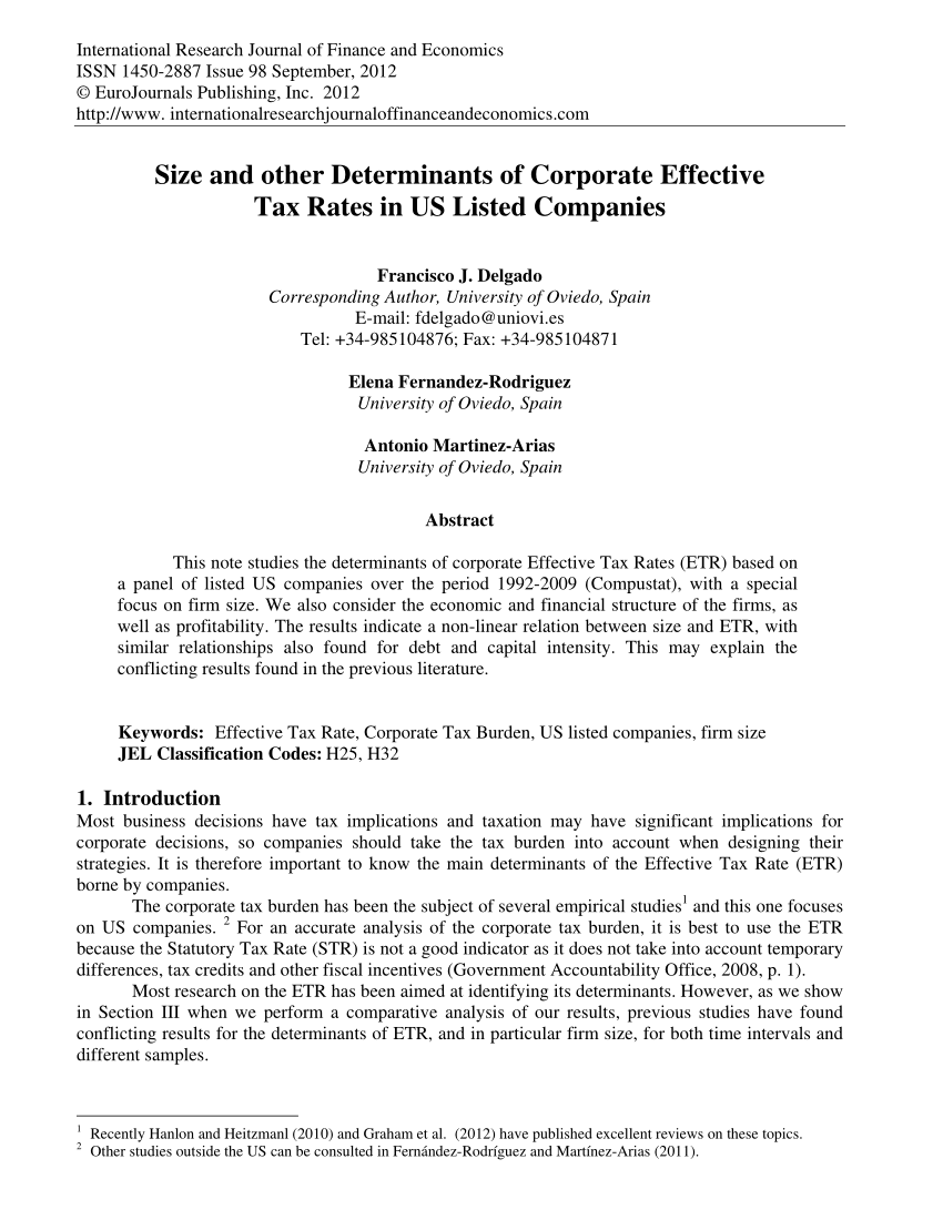 Pdf Size And Other Determinants Of Corporate Effective Tax Rates In Us Listed Companies