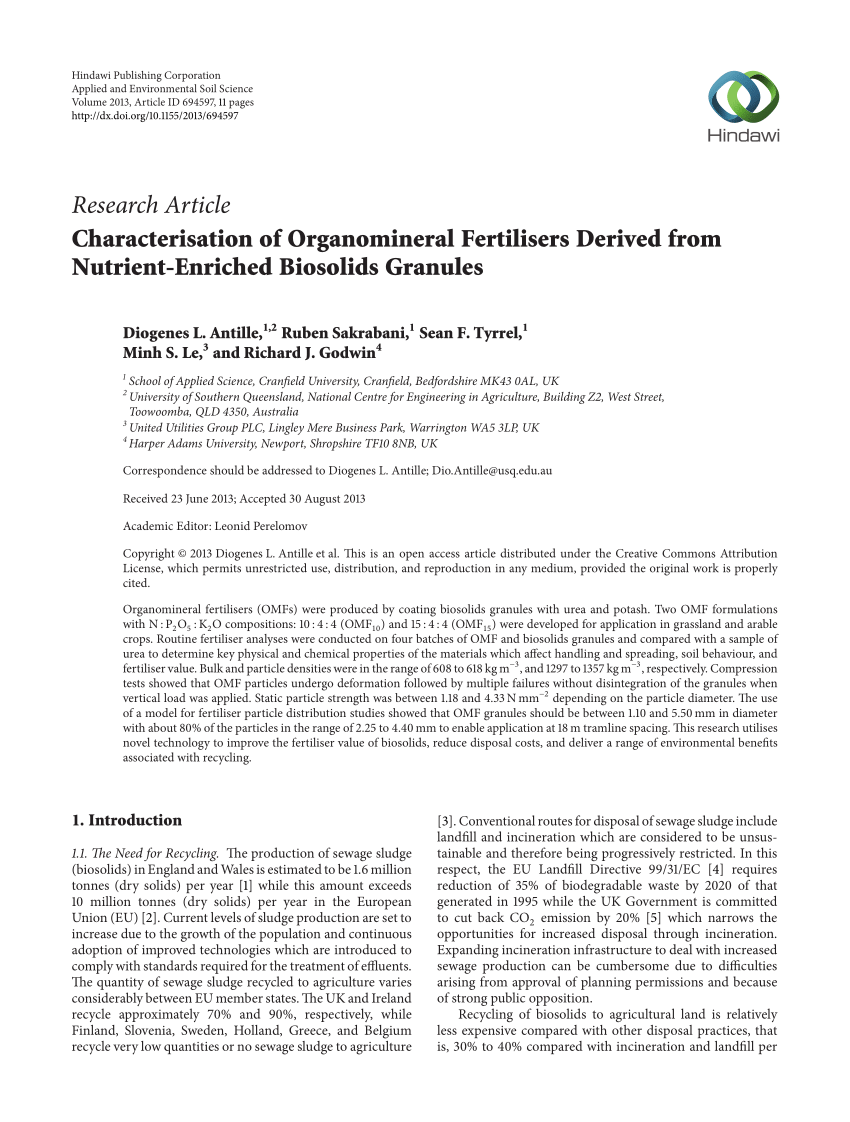 PDF Characterisation of Organomineral Fertilisers Derived from