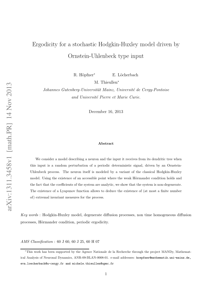 PDF) Ergodicity for a stochastic Hodgkin-Huxley model driven by