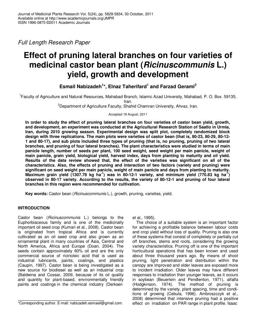 Pdf Effect Of Pruning Lateral Branches On Four Varieties Of Medicinal Castor Bean Plant 6158