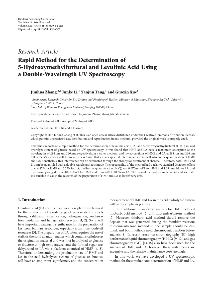 Pdf Rapid Method For The Determination Of 5 Hydroxymethylfurfural And Levulinic Acid Using A Double Wavelength Uv Spectroscopy
